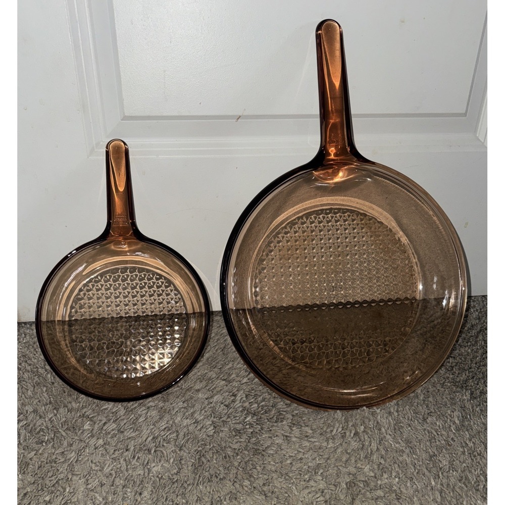 Vtg Corning Ware Visions Glass Amber Waffle Bottom Fry Pan Skillets 10.5" & 7" - Picture 1 of 9
